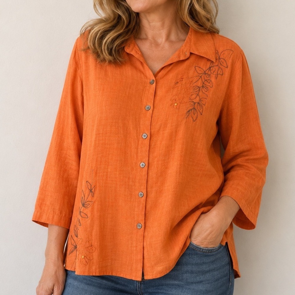 Allison Daley 20W Burnt Orange Embroidered Tunic Blouse Beaded Boho Artsy Fall